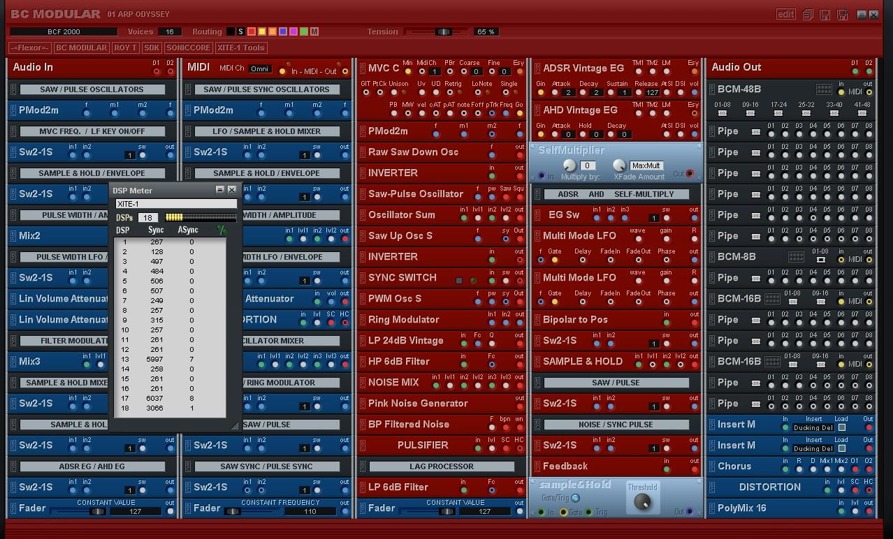 Nothing else is in the project,<br /> but I can easily add my external<br /> hardware synths, a B2003, STW<br /> Plate-X, MCCYs Flu-Liq, BX <br />Digital 2, several Delays and <br />SpaceF Filters in another Modular Patch. <br />Tons of stuff as long as I stick <br />to the STM 2448, or mix more in <br />Bidule/Reaper and use some <br />smaller RoyT or SpaceF mixers. Life is Good 2 me.<br />Using the Push Encoder feature for<br />switches is really convenient.