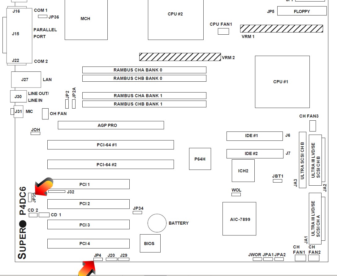 This is the location of the Jumper Pins that enable or disable the AC97 onboard audio (JP4) and LAN (JP35)