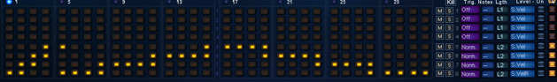 An example on 4 oscillators, with various length: consecutive buttons create 1 long note, as long as the length is 100% (here, L2=length 2 which i set easily with the preset &quot;all 100%&quot;)...Also, some note are surimposed, so there is a crossfade effect (onebegins before the other ends).