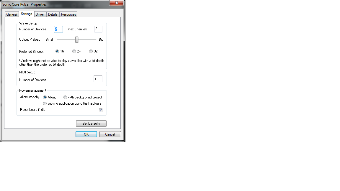 Control panel Scope PCI settings