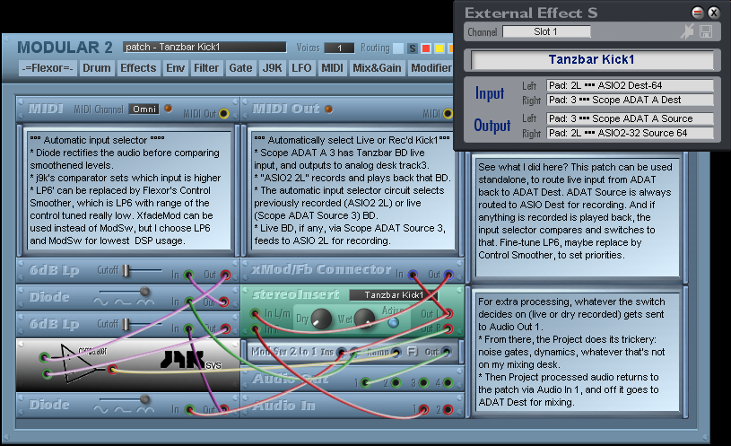 automatically selects live or recorded source for DSP processing then external mixing