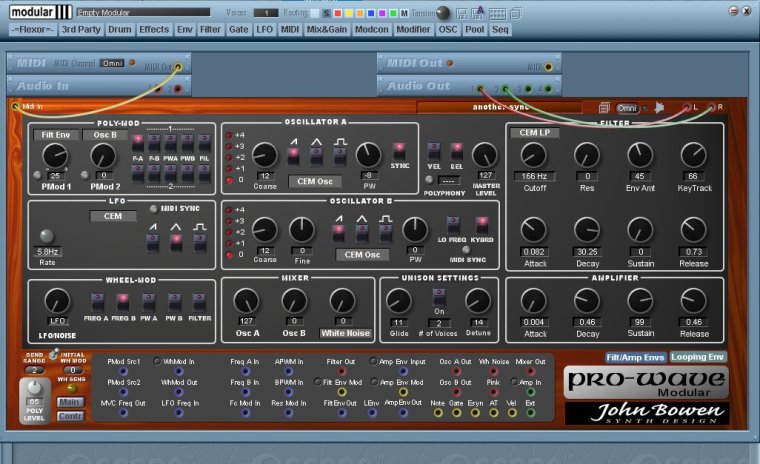 This is how the pro-Wave is loaded into modular. As you can see, there's no need for a MVC. You can load any patches inside the Pro-Wave module, it's just like using the device stand-alone.