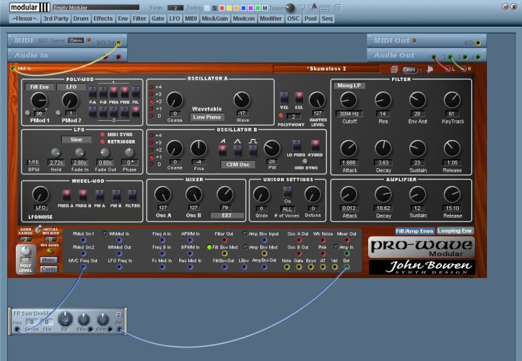 Now, I add a Flexor Osc, that I'm going to pass through the filters. Notice that the FR OSC gets its freq signal from the Pro-Wave, which is acting as MVC. I then route the output of that to EXT IN, then change the NOISE source in MIX to EXT, and there it