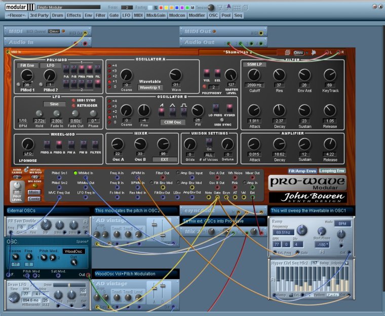 Here, we have 4 Oscillators, so we need a mixer, and SpaceF's WoodOsc has some extra volume and pitch modulation. I changed the filter to the SSM, added some pitch modulation to the Pro-wave  OSC B, and got a ctrl sequencer to cycle through the wavetable