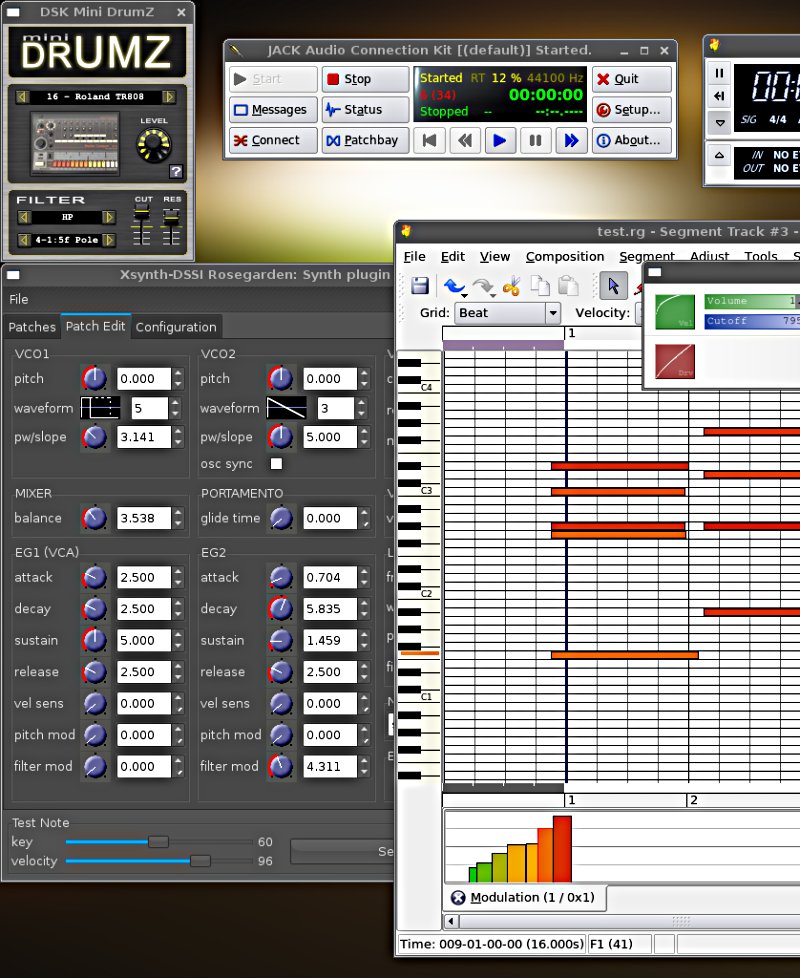 VSTi running along DSSI.  This DSSI synth is caled Xsynth, and it actually sounds very good.  You can see a bit of the matrix view.  Problem with the CC pane, is that you can't &amp;quot;pencil&amp;quot; in the values.  You can only set 1 value at a time via righ